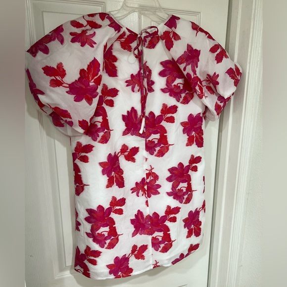 NEW pink fuscia floral jacquard bubble puff sleeve dress with bow back - Picture 4 of 13